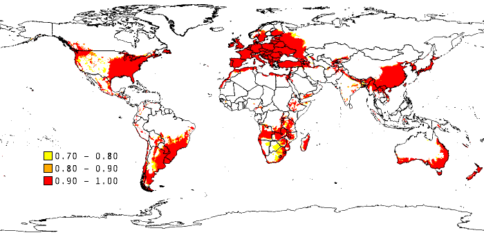 Geographic map of the Earth showing zones where SWD may be viable. The eastern half of the United States and the Pacific Northwest are shown in red.